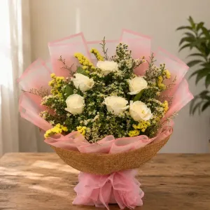 White Rose Bouquet with Abaca Wrap