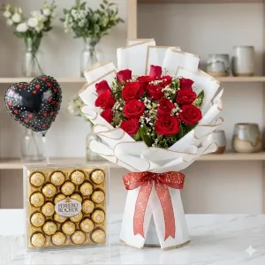 12 Beautiful Red Roses & 24 Ferrero Chocolate Bouquet | Philippines