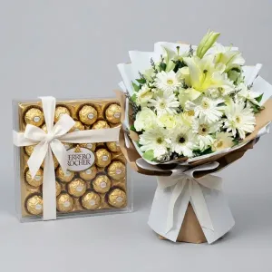 12 Beautiful White Roses W Lily & 24 Ferrero Chocolate Bouquet | Philippines