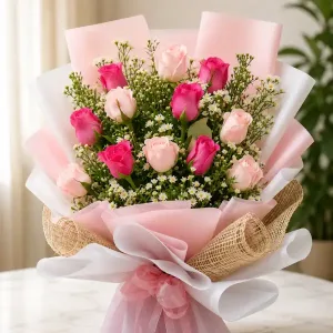 12 Pink & Dark Pink Roses Delivery Philippines | Roses & Aster Bouquet
