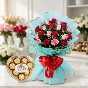 24 Beautiful Red/Pink Roses & Ferrero Chocolate Bouquet | Davao Philippines