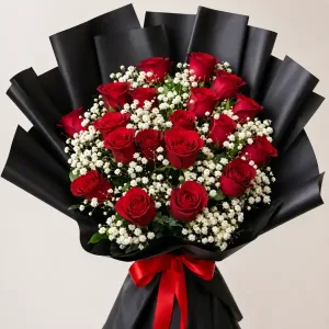 24 Red Roses Bouquet with Gypsophila – Elegant Black Wrap Philippines