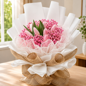Elegant Pink Tulip & Dried Gypso Bouquet Philippines | Premium Flower