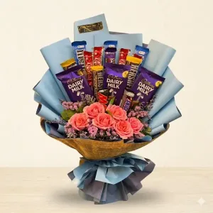 Pink Roses & Chocolate Bar Bouquet