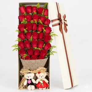 Red Flowers in a Box with Small Teddies | Philippines