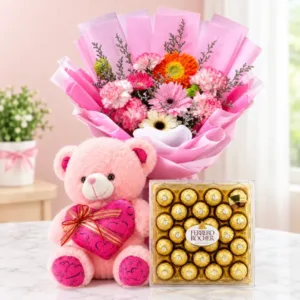 Pink Flower Bouquet W Teddy Bear & Ferrero Rocher | Philippines